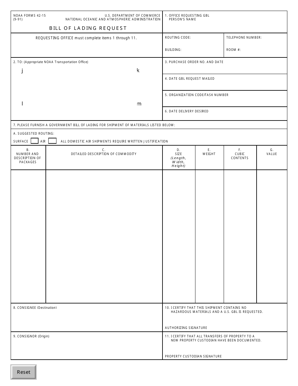 NOAA Form 42-15 Bill of Lading Request, Page 1