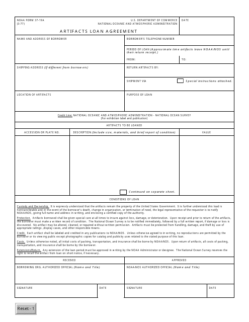 NOAA Form 37-19A Artifacts Loan Agreement