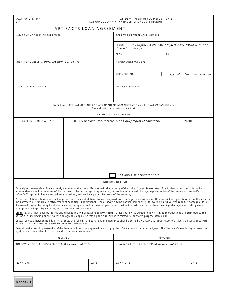 NOAA Form 37-19A Artifacts Loan Agreement, Page 1