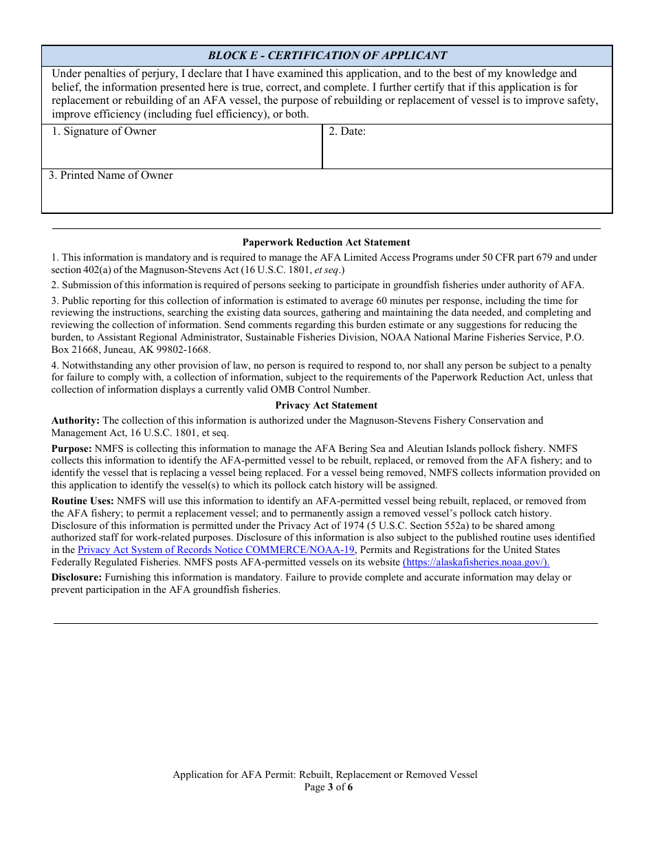 American Fisheries Act (Afa) Permit: Rebuilt, Replacement, or Removed Vessel, Page 3