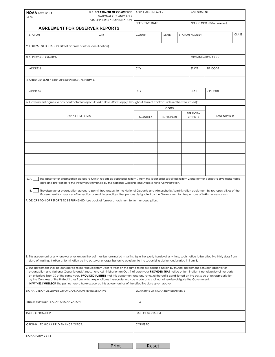 NOAA Form 36-14 Agreement for Observer Reports, Page 1