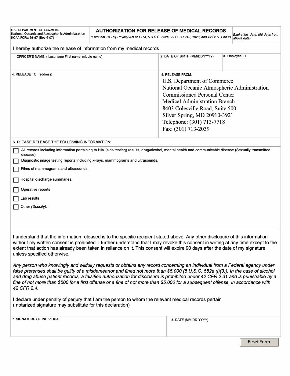 NOAA Form 56-67 Authorization for Release of Medical Records (From CPC), Page 1