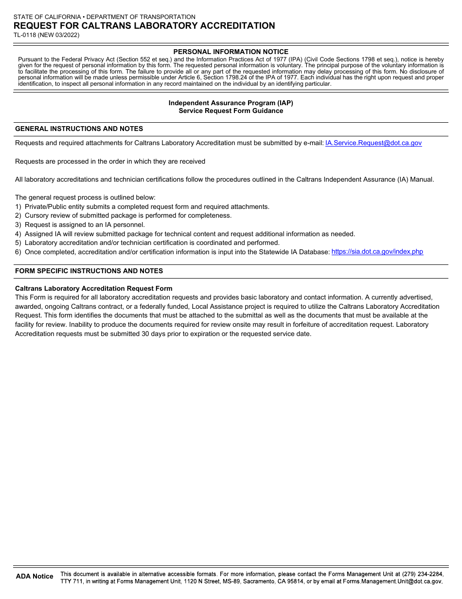 Form TL-0118 Request for Caltrans Laboratory Accreditation - California, Page 1