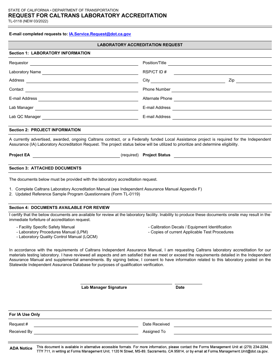 Form TL-0118 Request for Caltrans Laboratory Accreditation - California, Page 2
