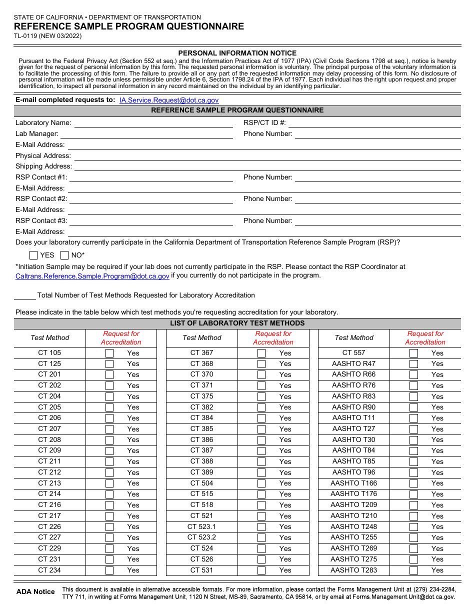 Form TL-0119 Reference Sample Program Questionnaire - California, Page 1