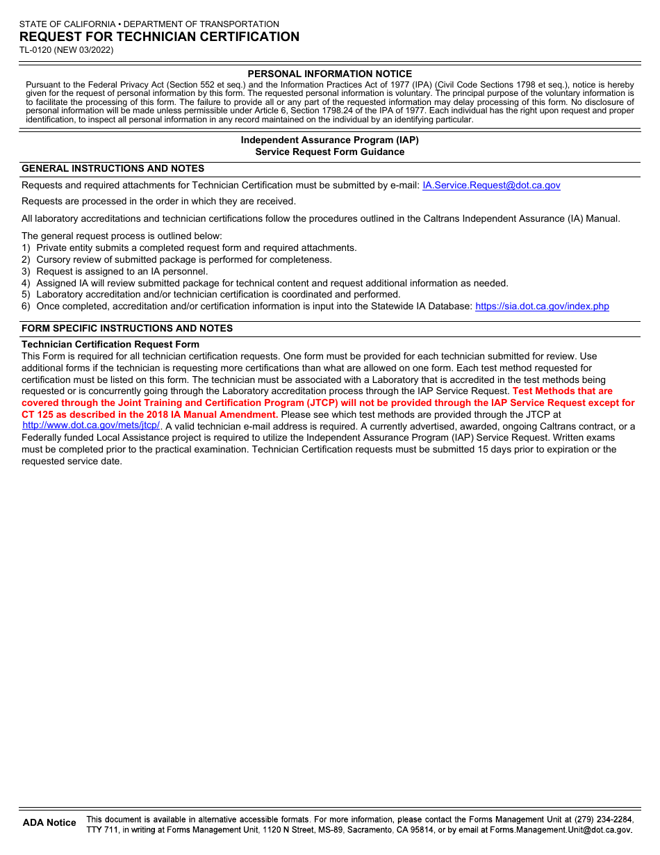Form TL-0120 Request for Technician Certification - California, Page 1