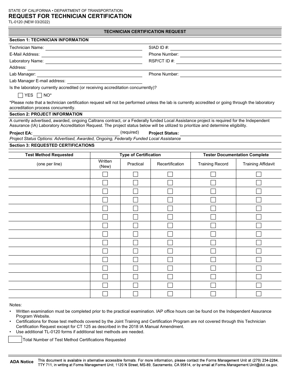 Form TL-0120 Request for Technician Certification - California, Page 2