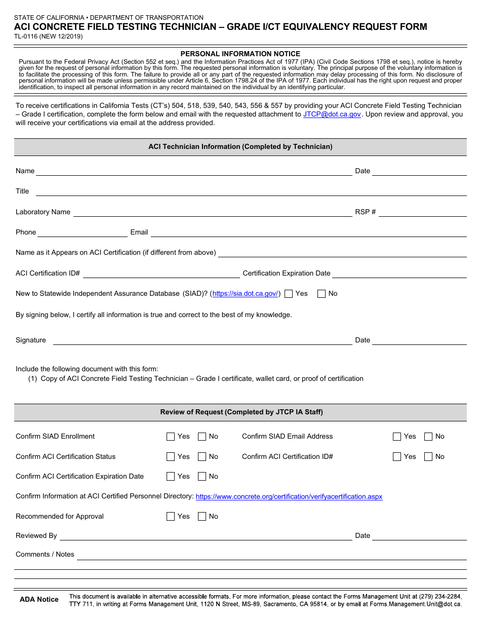 Form TL-0116 Aci Concrete Field Testing Technician - Grade I / Ct Equivalency Request Form - California, Page 1
