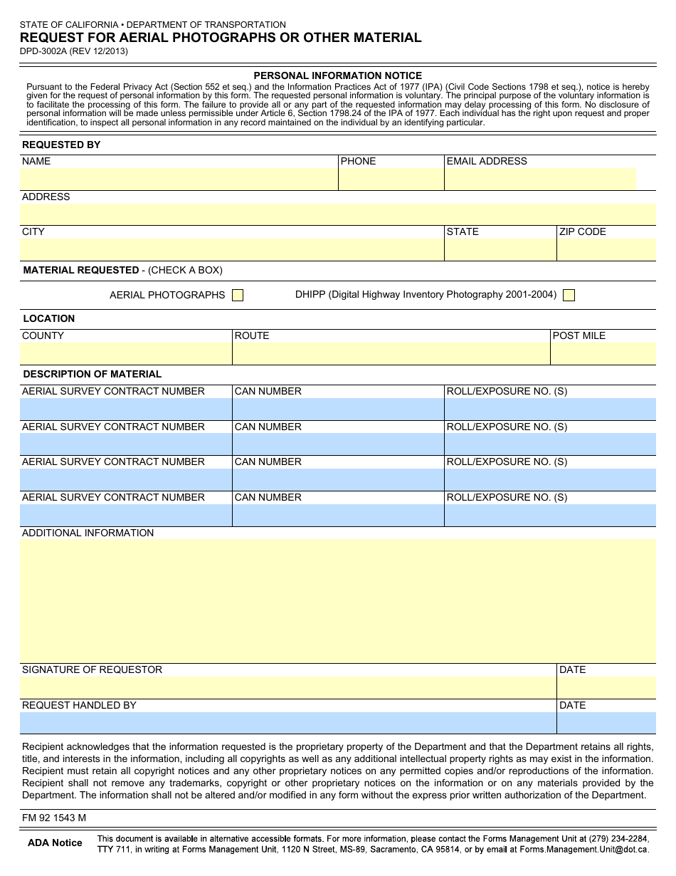 Form DPD-3002A Request for Aerial Photographs or Other Material - California, Page 1