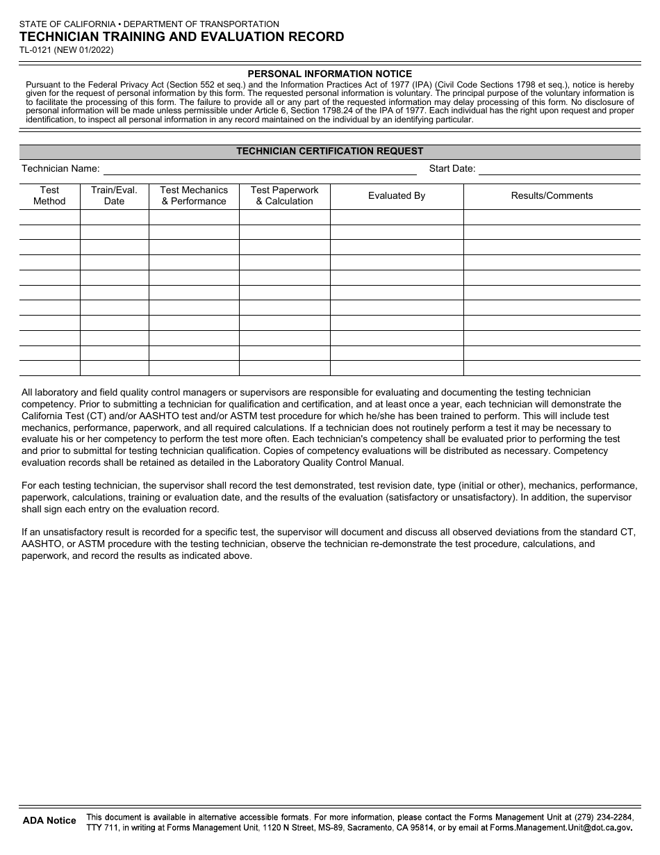 Form TL-0121 Technician Training and Evaluation Record - California, Page 1