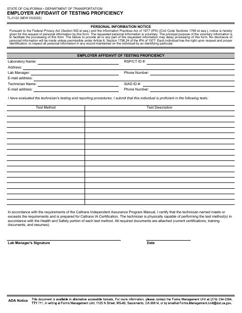 Form TL-0122 Employer Affidavit of Testing Proficiency - California
