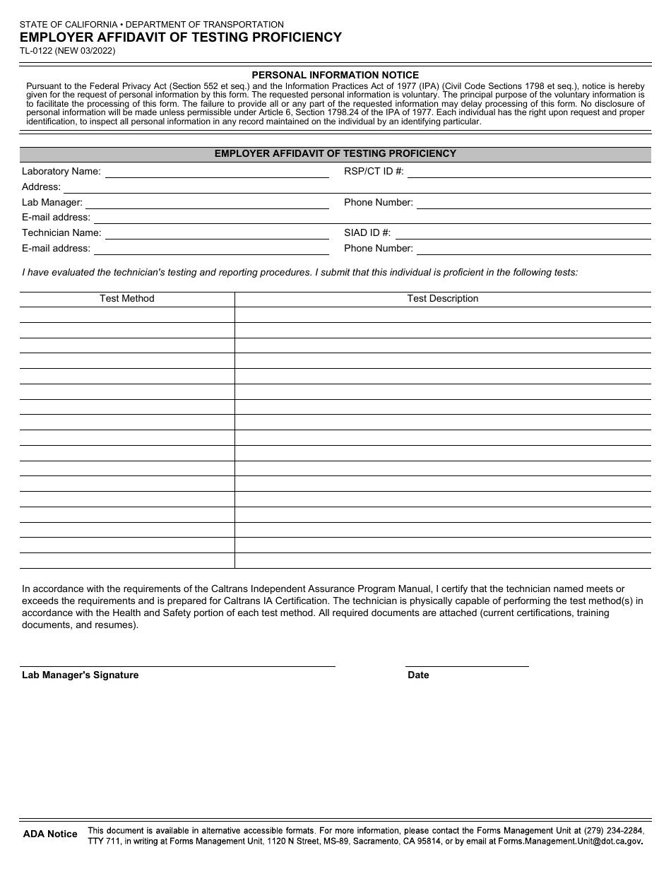 Form TL-0122 Employer Affidavit of Testing Proficiency - California, Page 1