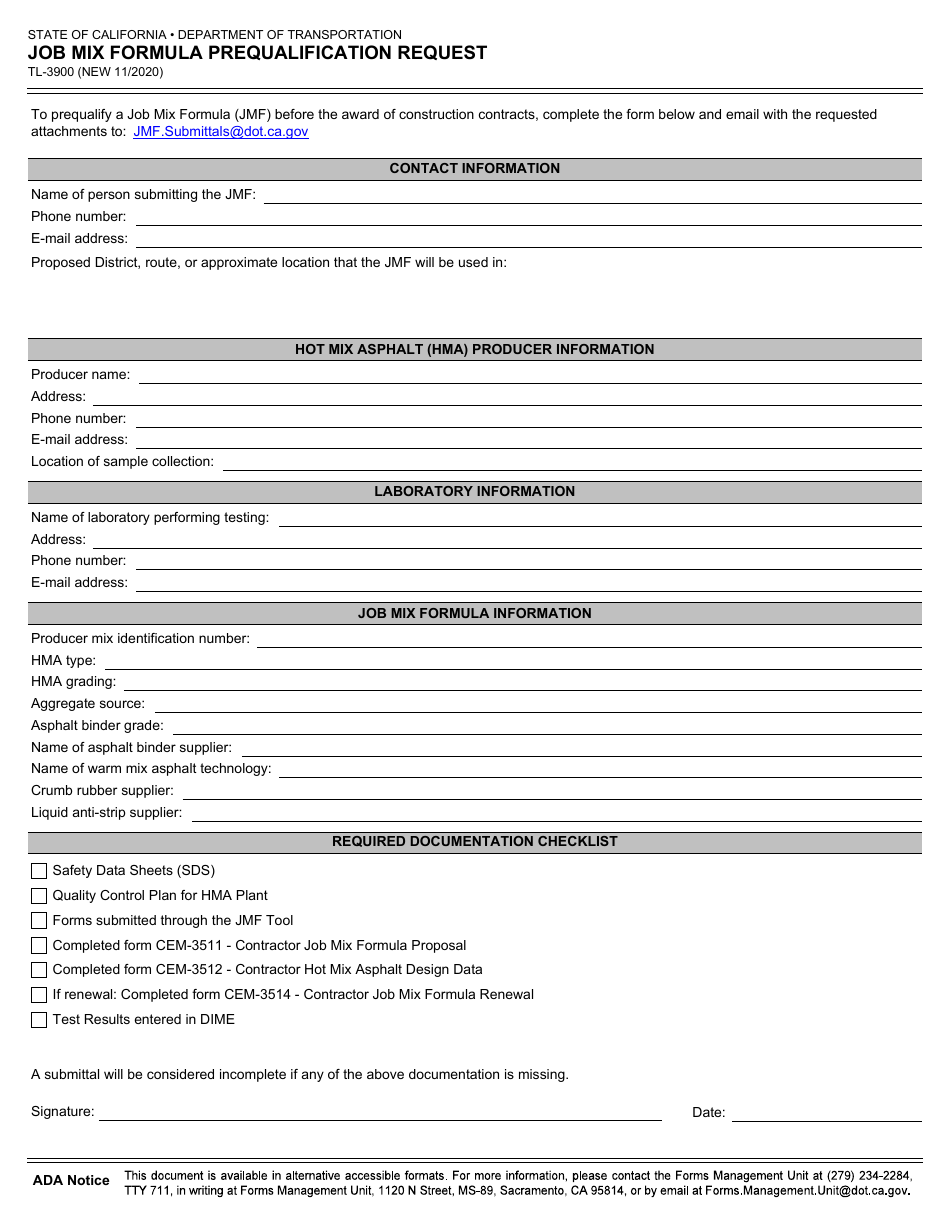 Form TL-3900 Job Mix Formula Prequalification Request - California, Page 1