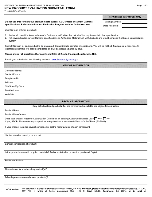 Form TL-9501 New Product Evaluation Submittal Form - California