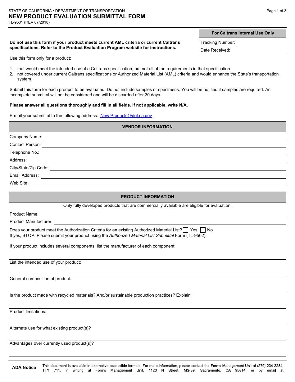 Form TL-9501 New Product Evaluation Submittal Form - California, Page 1
