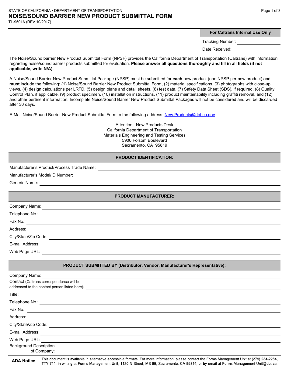 Form TL-9501A Noise / Sound Barrier New Product Submittal Form - California, Page 1