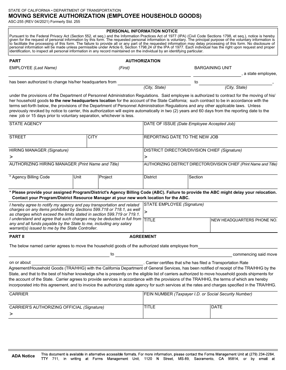 Form ASC-255 Download Fillable PDF or Fill Online Moving Service ...