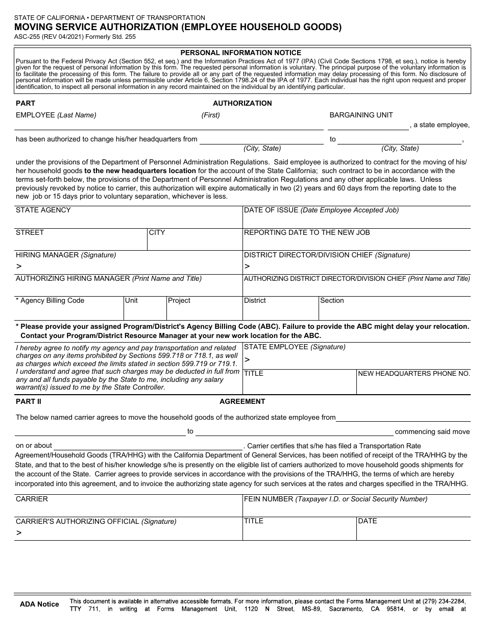 Form ASC-255 Moving Service Authorization (Employee Household Goods) - California, Page 1