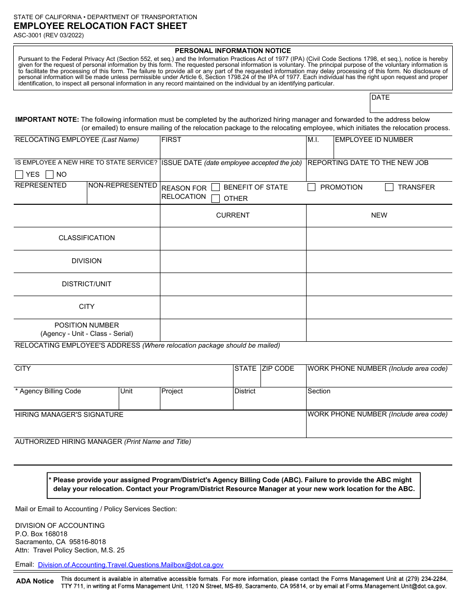 Form ASC-3001 Download Fillable PDF or Fill Online Employee Relocation ...