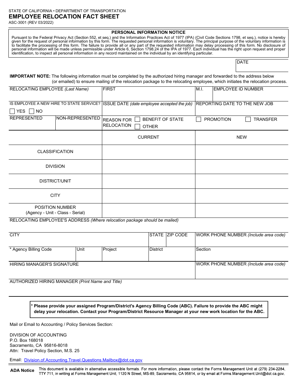 Form ASC-3001 Employee Relocation Fact Sheet - California, Page 1