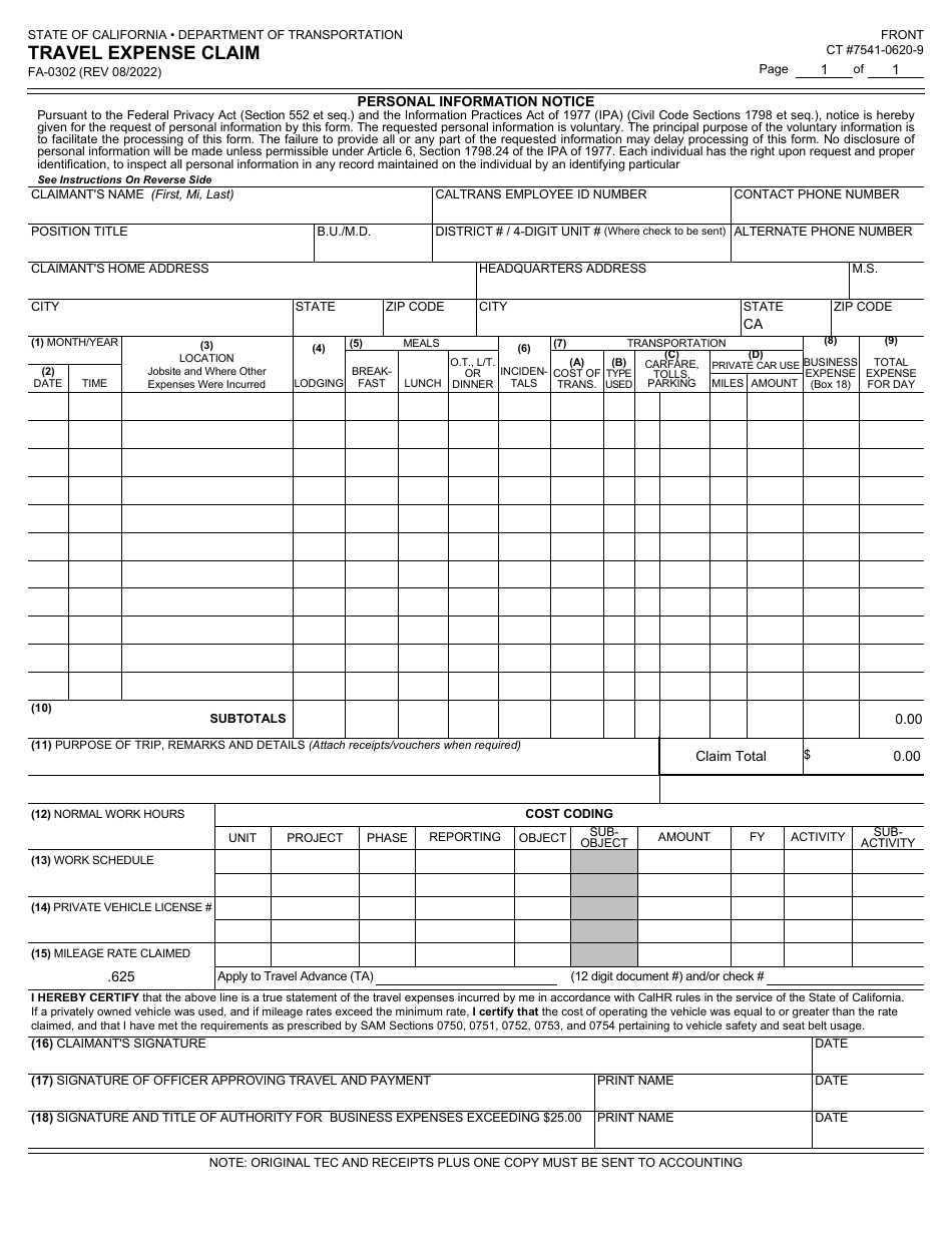 Form FA-0302 Travel Expense Claim - California, Page 1