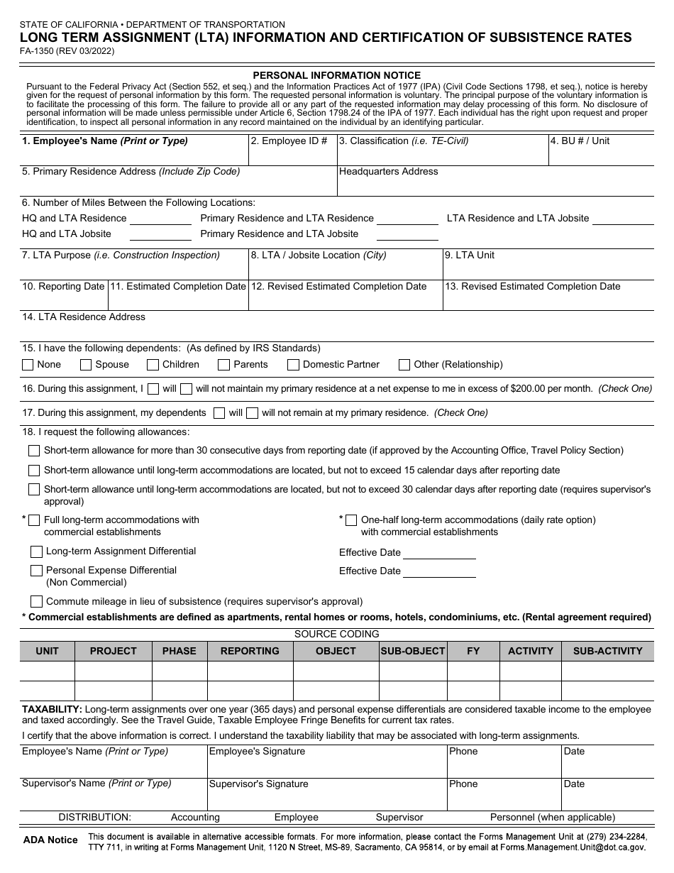 Form FA-1350 Long Term Assignment (Lta) Information and Certification of Subsistence Rates - California, Page 1