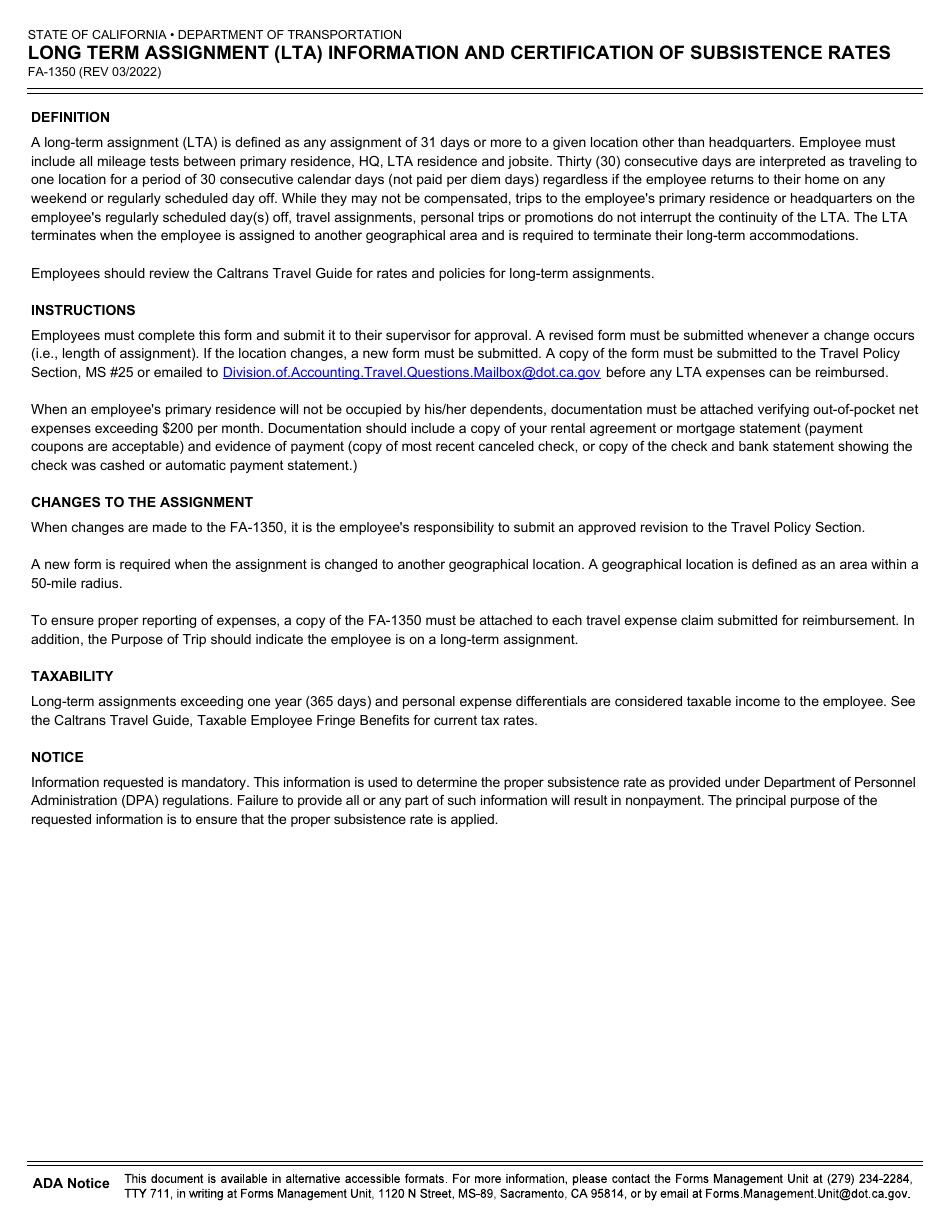 Form FA-1350 Long Term Assignment (Lta) Information and Certification of Subsistence Rates - California, Page 2