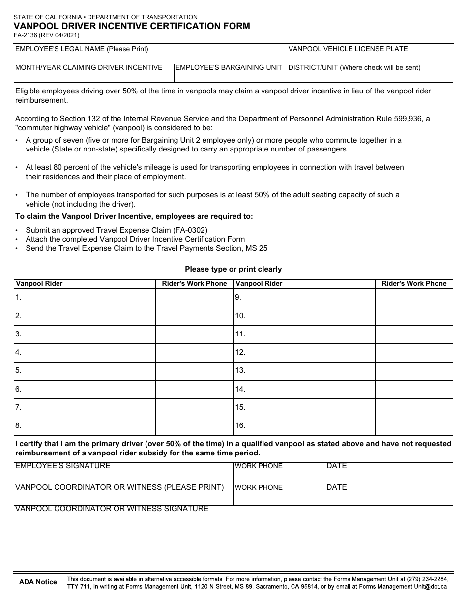 Form FA-2136 Vanpool Driver Incentive Certification Form - California, Page 1