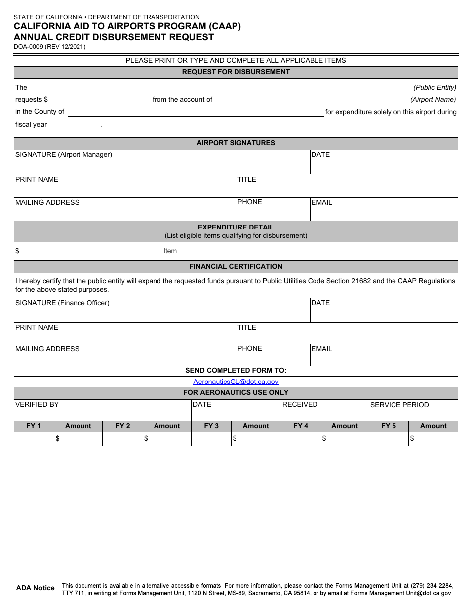 Form DOA-0009 Annual Credit Disbursement Request - California Aid to Airports Program (Caap) - California, Page 1