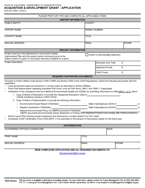 Form DOA-0010 Acquisition & Development Grant - Application - California