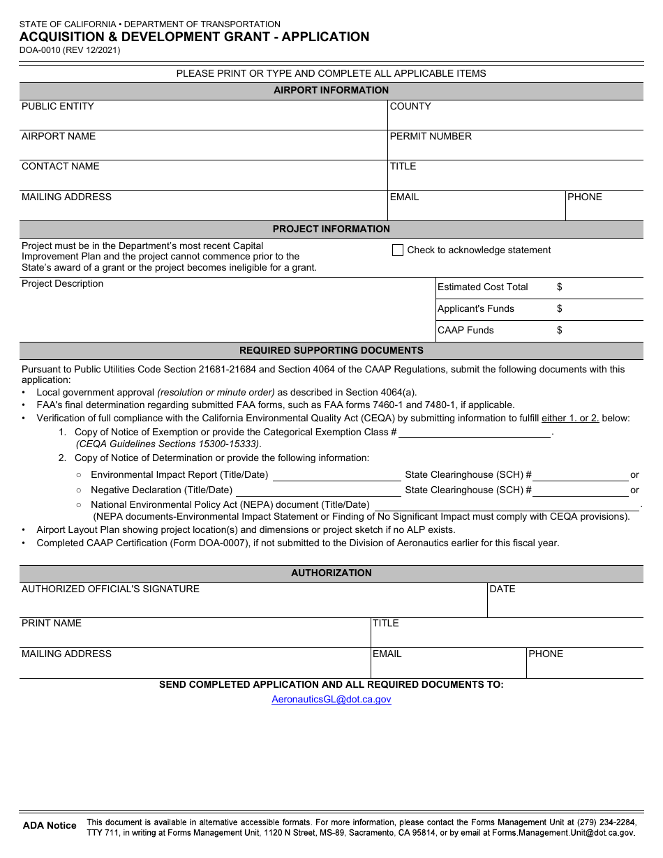 Form DOA-0010 Acquisition  Development Grant - Application - California, Page 1