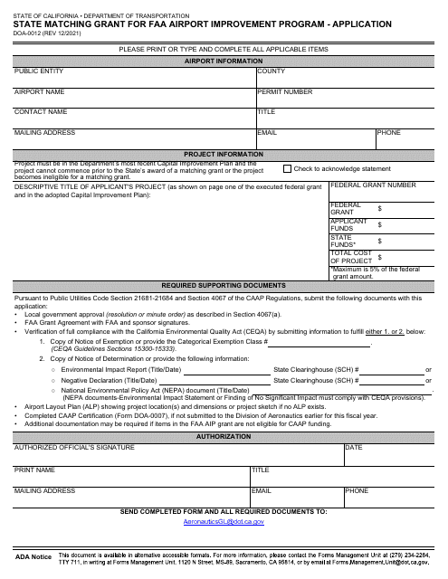 Form DOA-0012  Printable Pdf