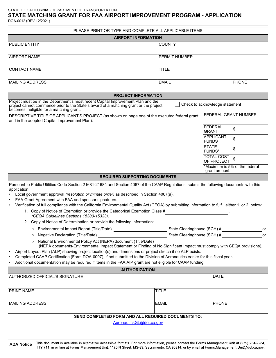 Form DOA-0012 Download Fillable PDF or Fill Online State Matching Grant ...