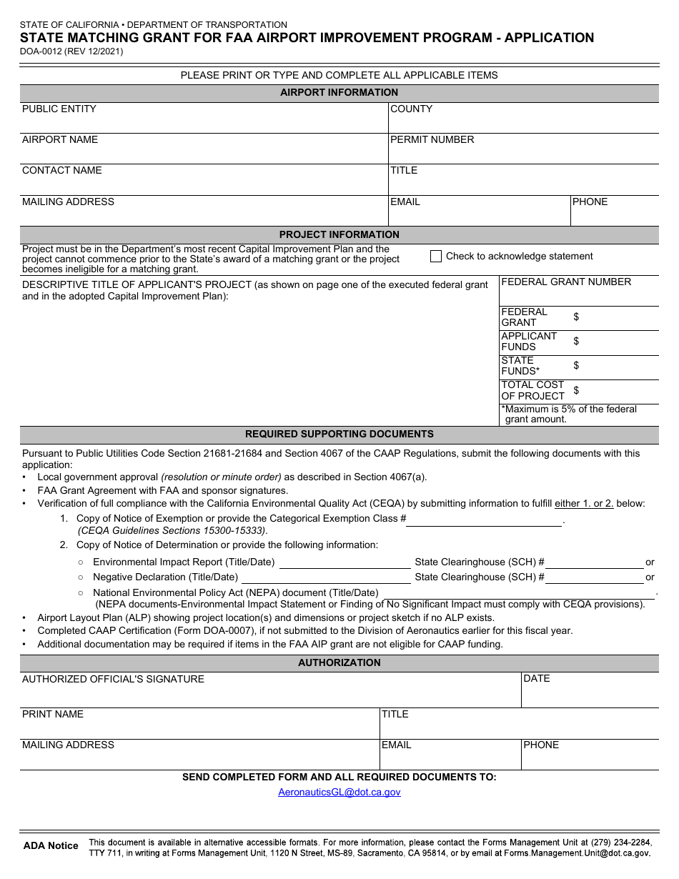 Form DOA-0012 State Matching Grant for FAA Airport Improvement Program - Application - California, Page 1