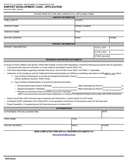 Form DOA-0013 Airport Development Loan - Application - California