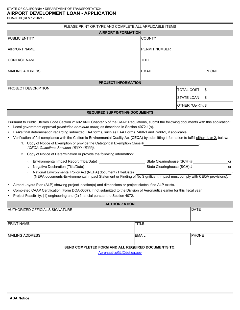 Form DOA-0013 Airport Development Loan - Application - California, Page 1