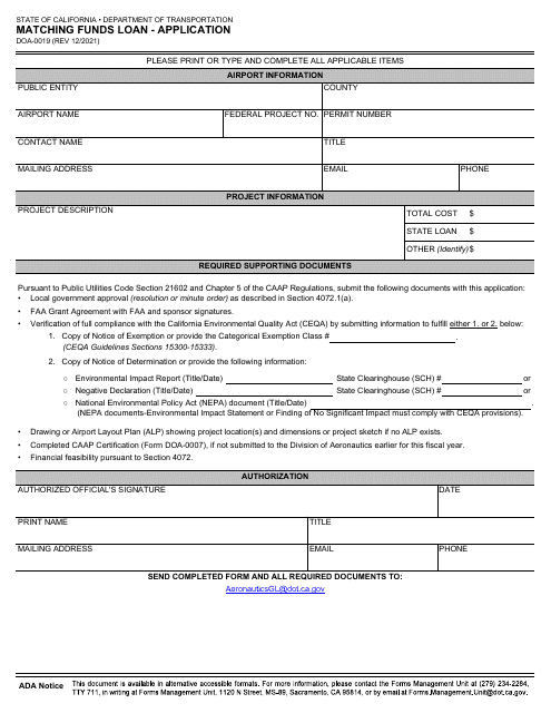 Form DOA-0019 Matching Funds Loan - Application - California