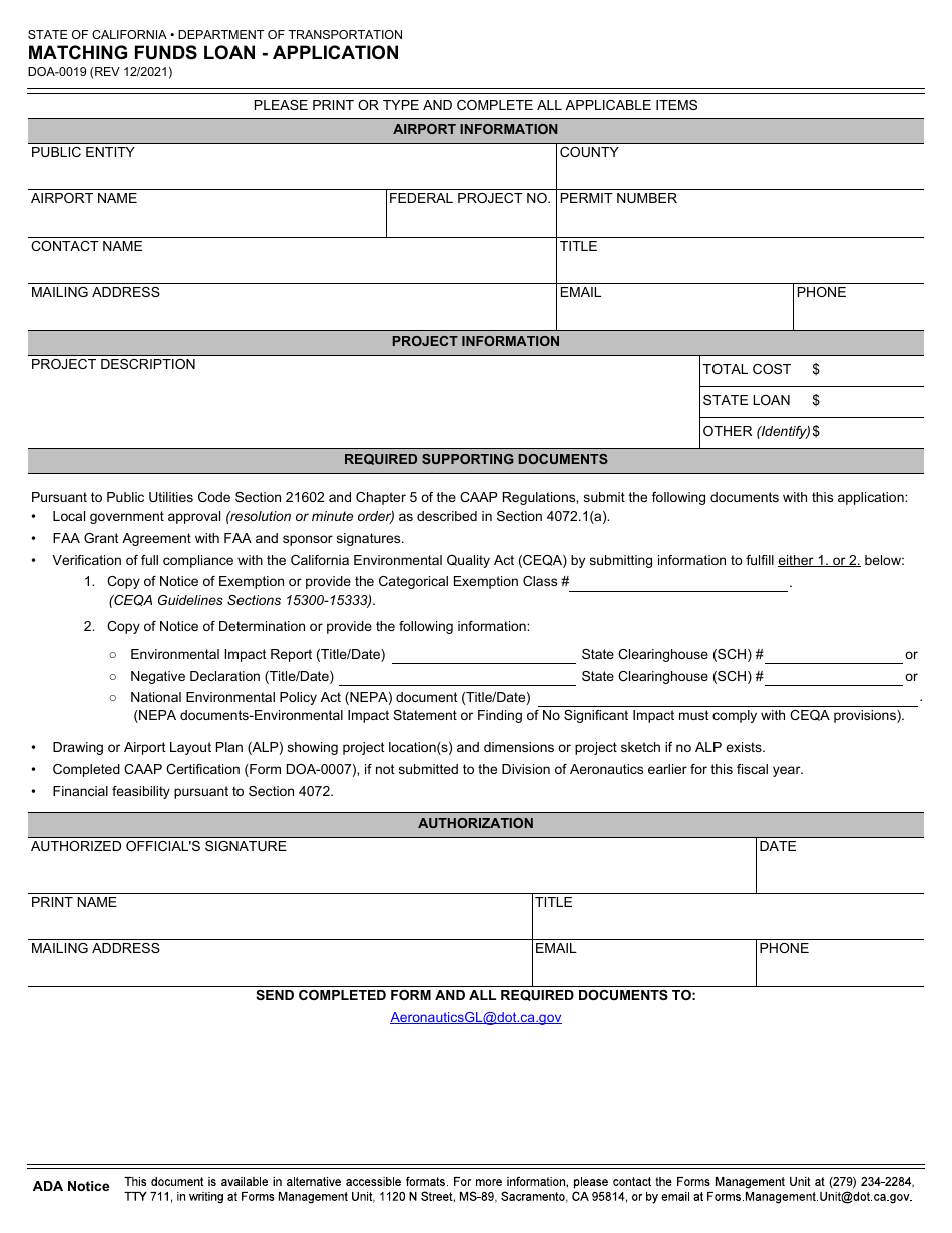Form DOA-0019 Matching Funds Loan - Application - California, Page 1
