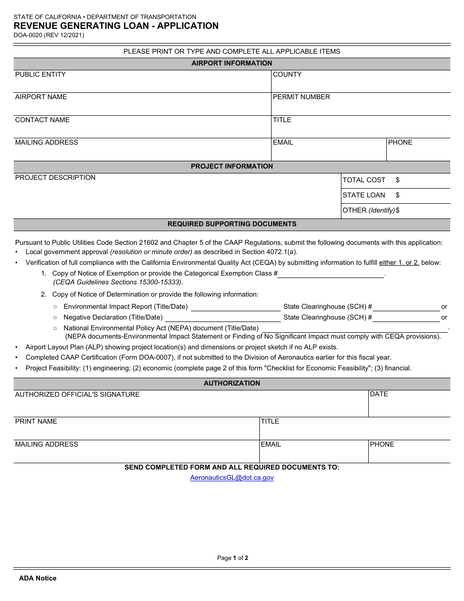 Form DOA-0200 Revenue Generating Loan - Application - California, Page 1
