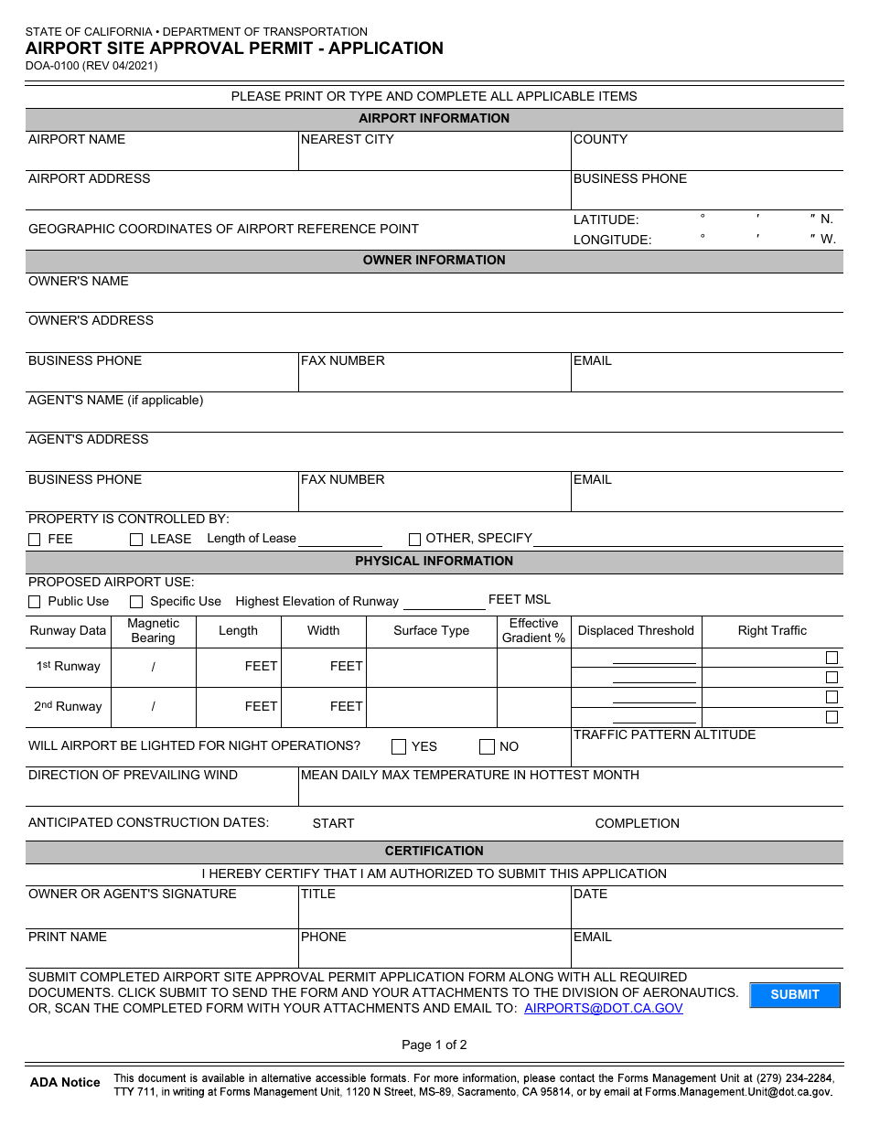 Form DOA-0100 Download Fillable PDF or Fill Online Airport Site ...