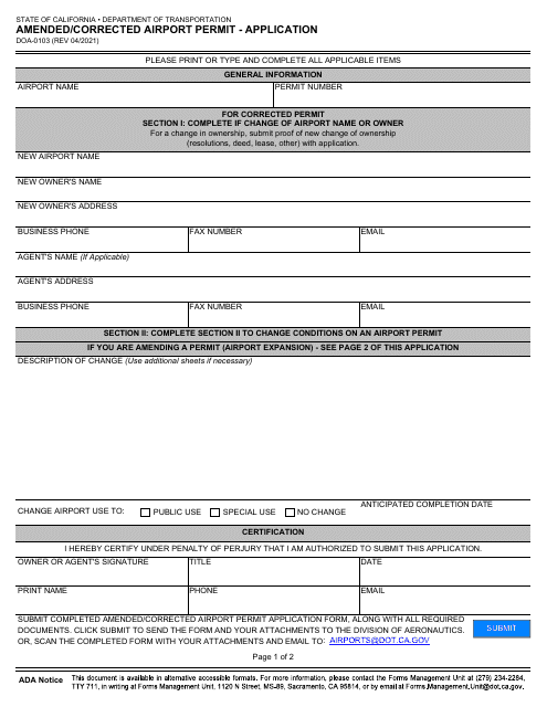 Form DOA-0103 Amended/Corrected Airport Permit - Application - California