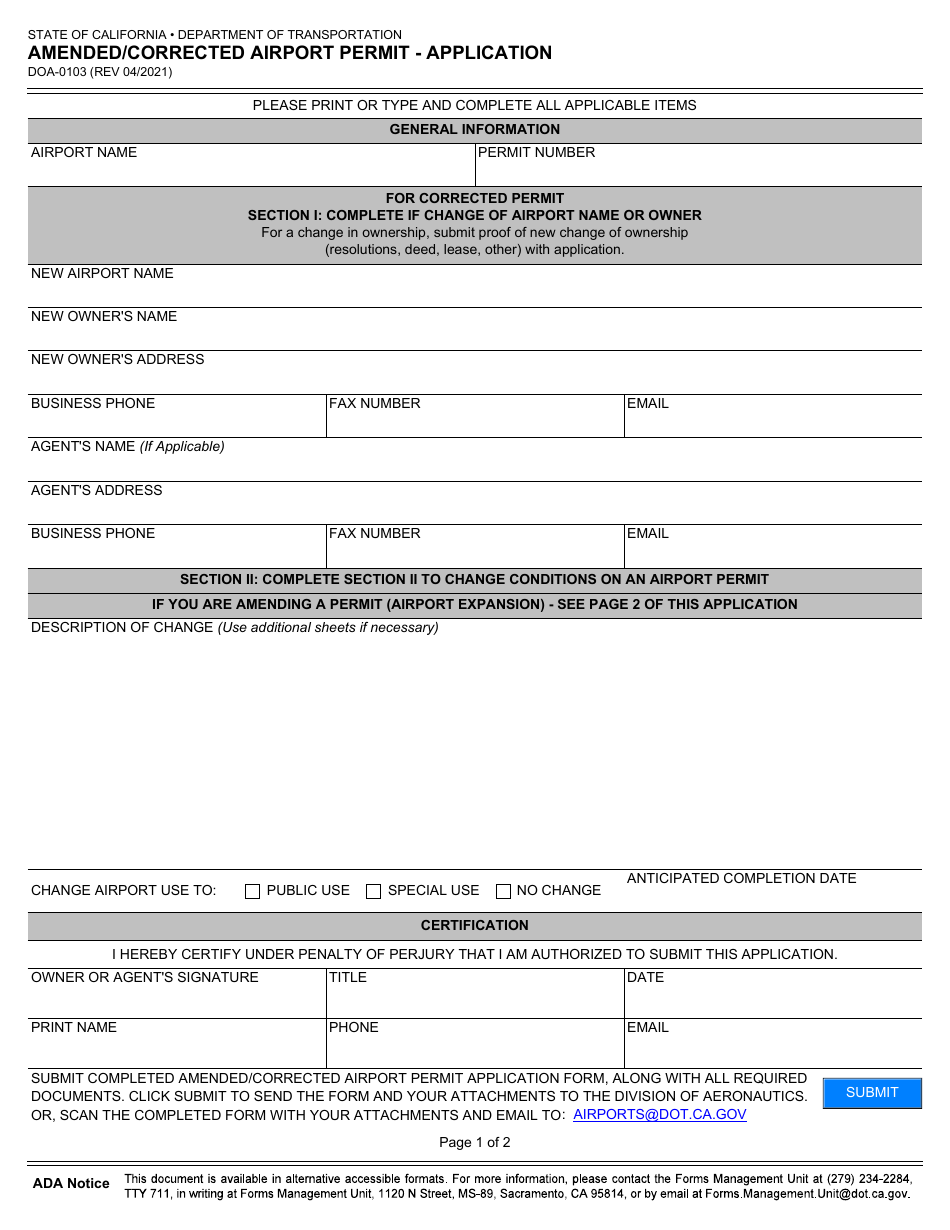 Form DOA-0103 Amended / Corrected Airport Permit - Application - California, Page 1