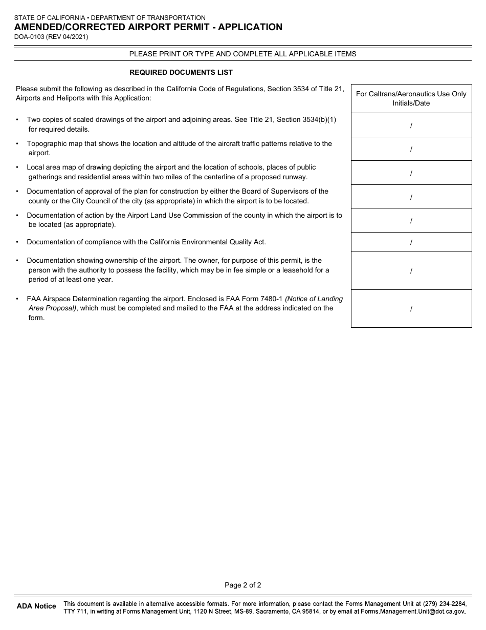 Form DOA-0103 Amended / Corrected Airport Permit - Application - California, Page 2
