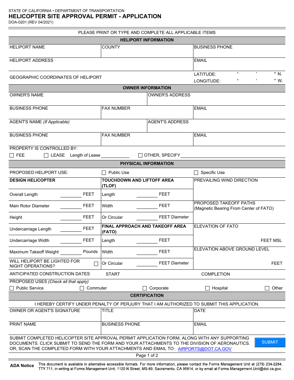 Form DOA-0201 Helicopter Site Approval Permit - Application - California, Page 1