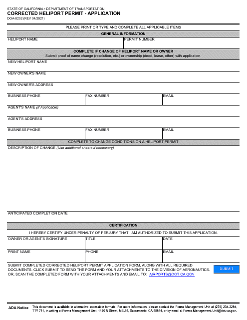 Form DOA-0202 Corrected Heliport Permit - Application - California