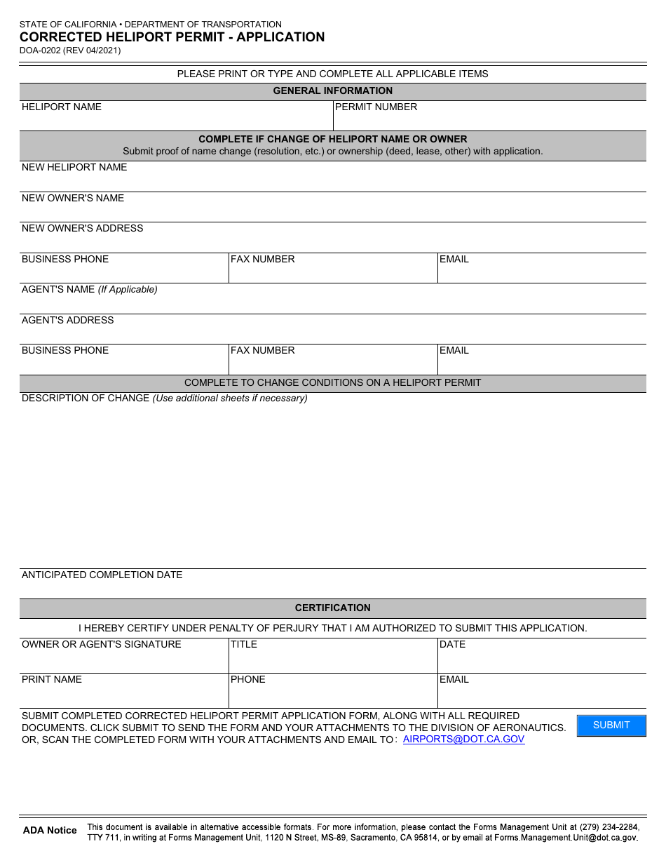Form DOA-0202 Corrected Heliport Permit - Application - California, Page 1