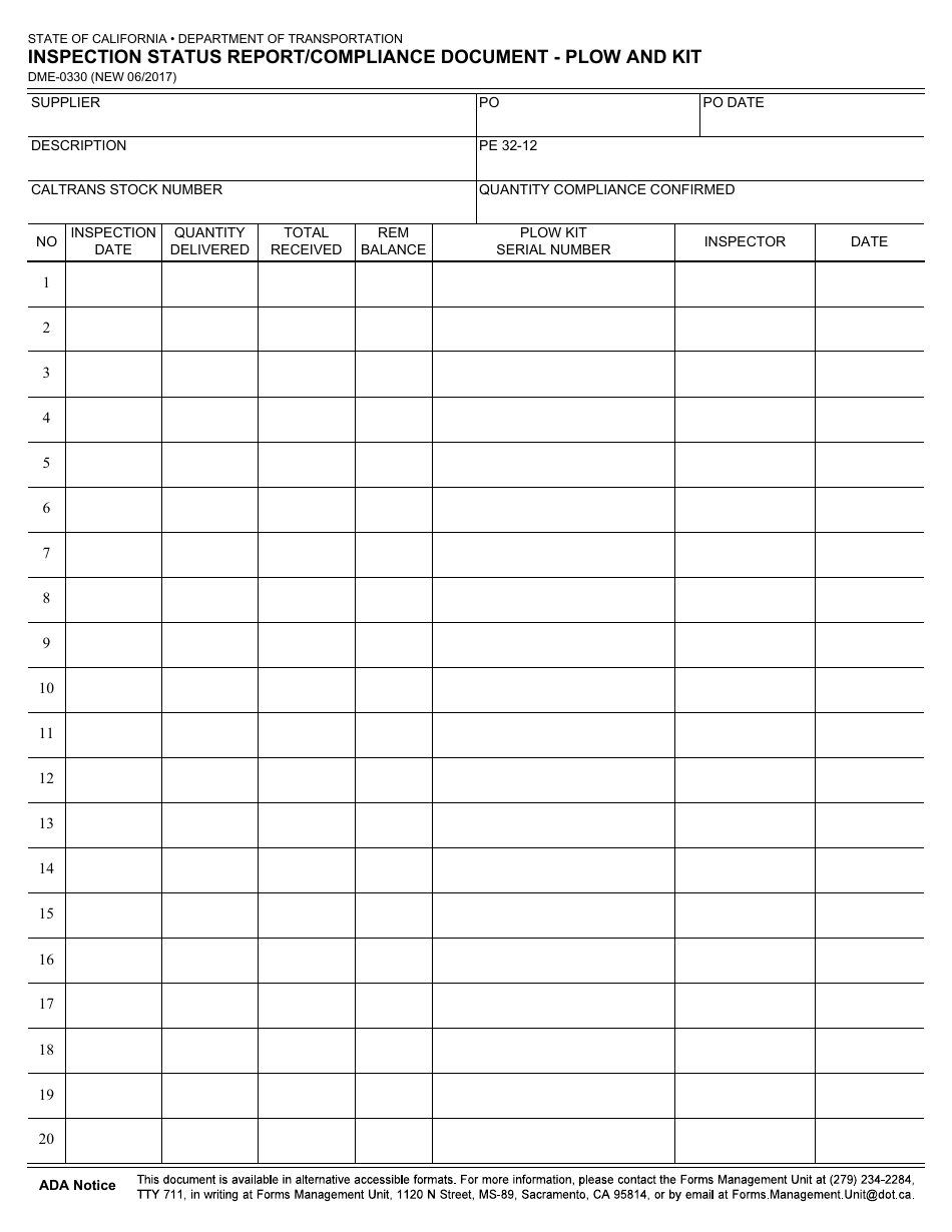 Form DME-0330 Inspection Status Report / Compliance Document - Plow and Kit - California, Page 1