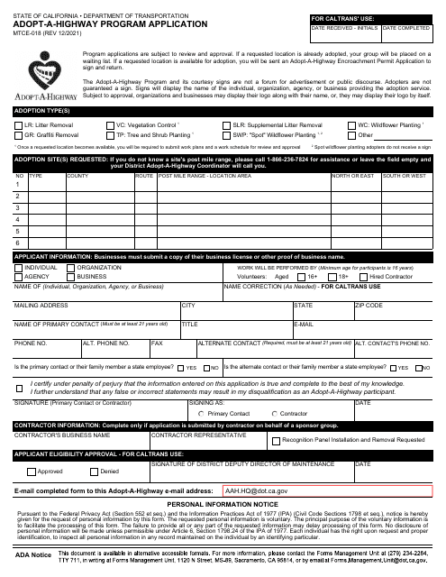 Form MTCE-018 Adopt-A-highway Program Application - California