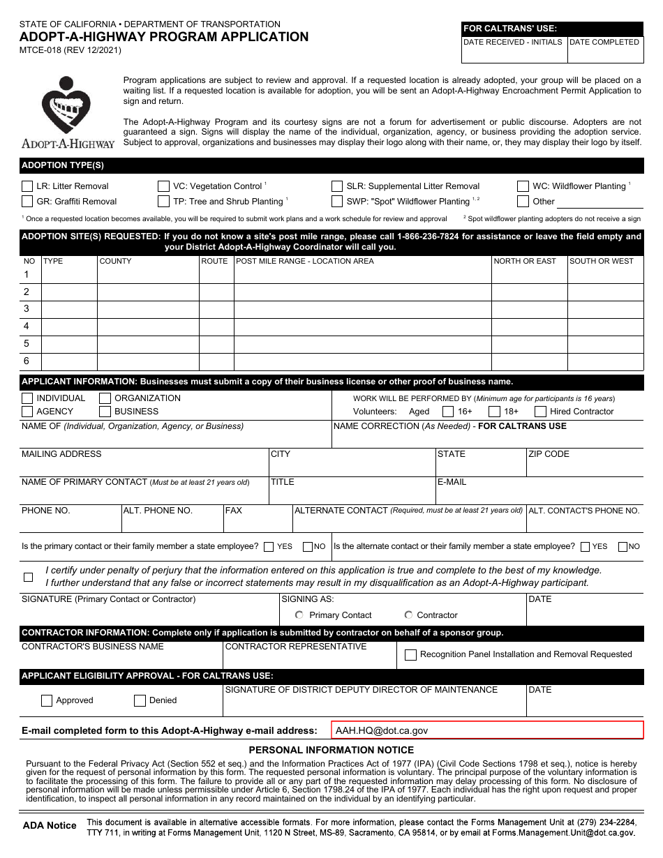 Form MTCE-018 Adopt-A-highway Program Application - California, Page 1