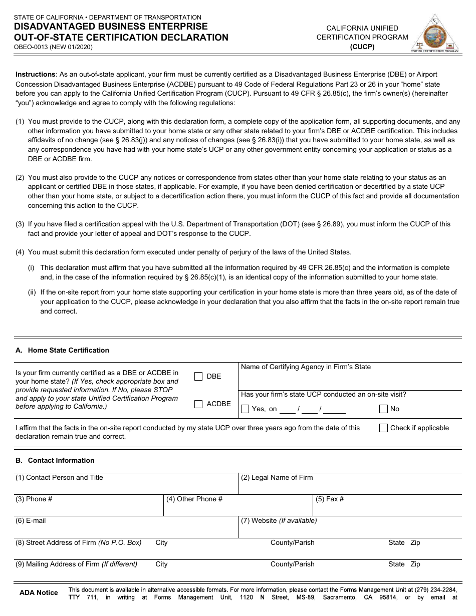 Form OBEO-0013 Disadvantaged Business Enterprise Out-of-State Certification Declaration - California, Page 1
